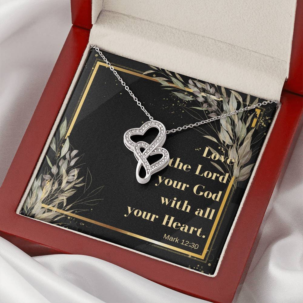 Double Heart Necklace With Bible Verse Card - Mark 1230 Double Hearts Necklace