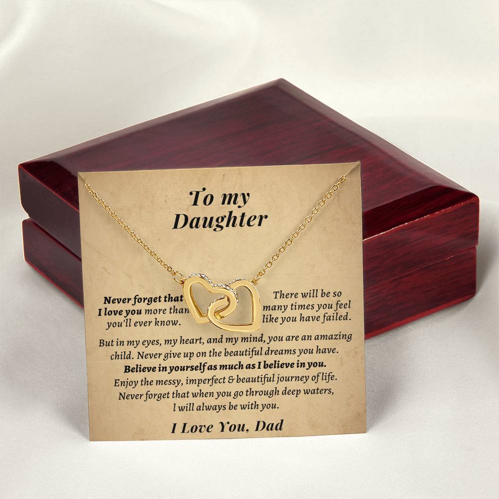 Gift For Daughter From Dad- Never Forget That When You Go Through Deep Watersl Will Always Be With You. Interlocking Hearts Necklace