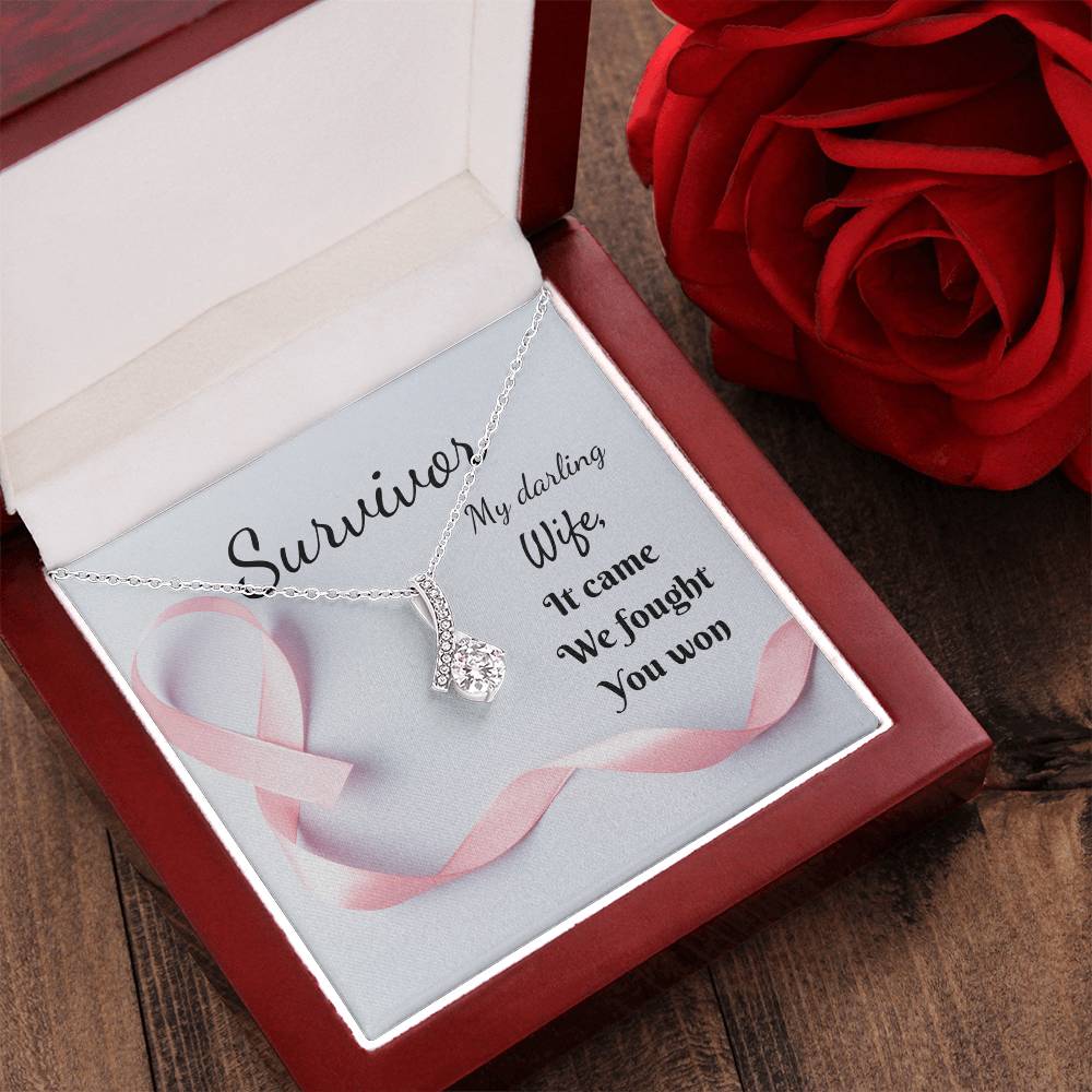 Celebrate Your Wife's Victory Over Breast Cancer. Survivor Gift. Beautiful Cz Ribbon Pendant Alluring Beauty Necklace