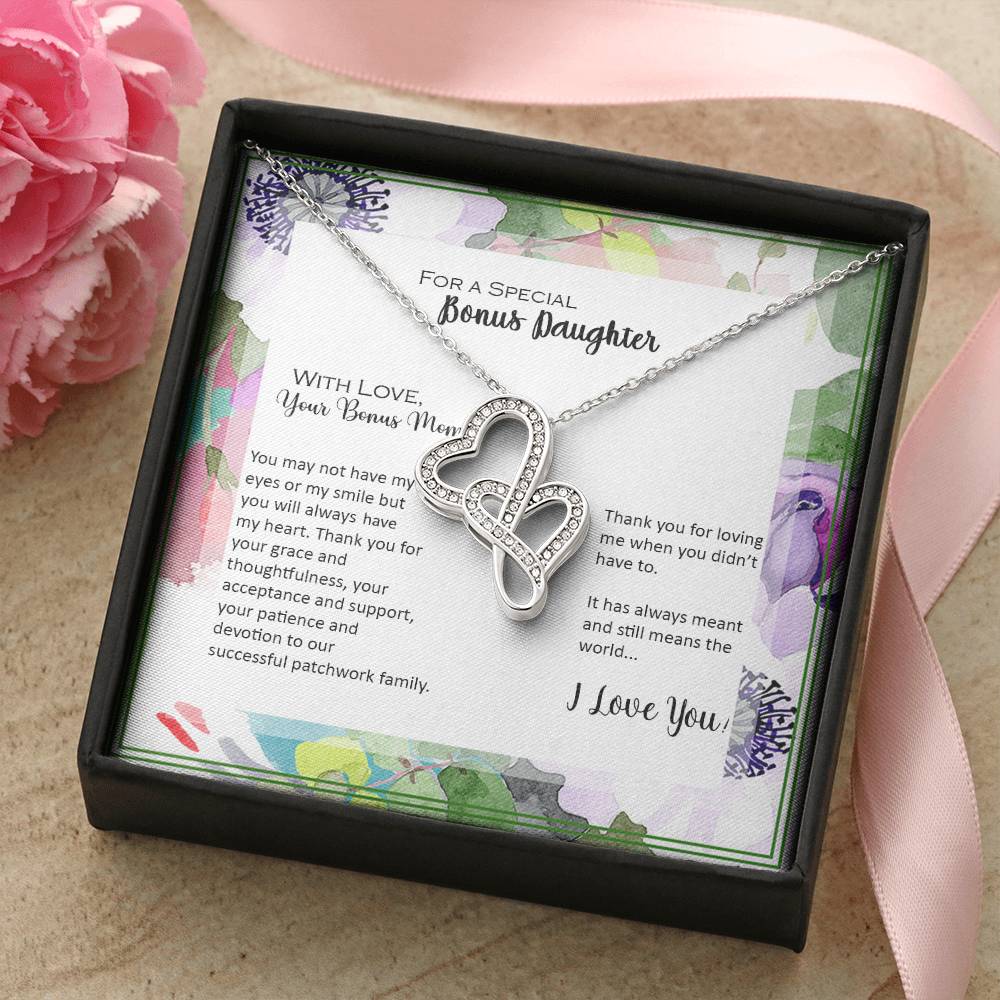Bonus Daughter From Bonus Mom No Dna But You Have My Heart  8 Double Hearts Necklace