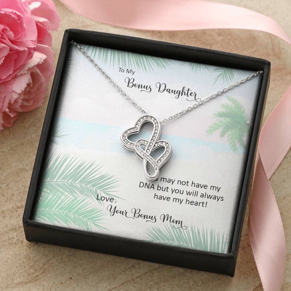 Bonus Daughter From Bonus Mom No Dna But You Have My Heart  4 Double Hearts Necklace