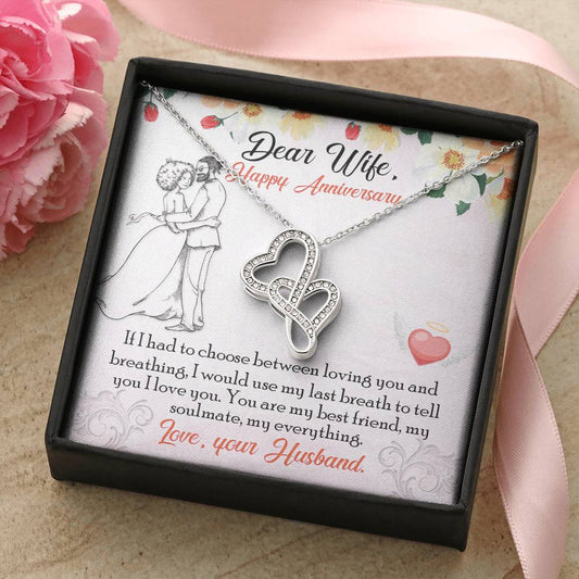 To My Wife Necklace - Anniversary Gift For Wife -  Romantic Message Card For Wife Double Hearts Necklace