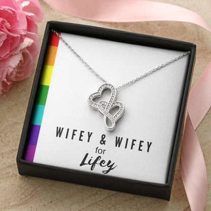 Wifey & Wifey For Lifey  14K White Gold Finish  Double Hearts Necklace