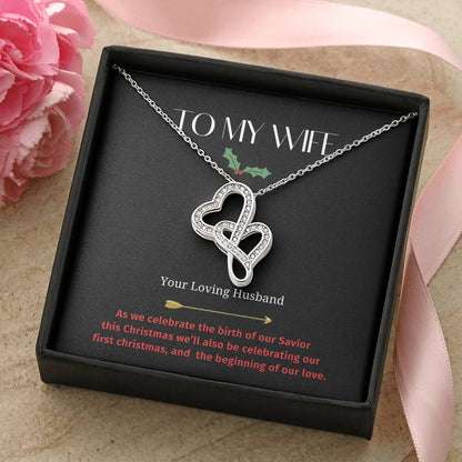 To My Wife Our First Christmas.  Double Hearts Necklace