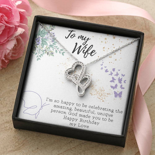 To My Wife Necklace - Gift For Wife Birthday Marriage - Happy Birthday My Love - Necklace For Fiancee Engagement Gift  Double Hearts Necklace