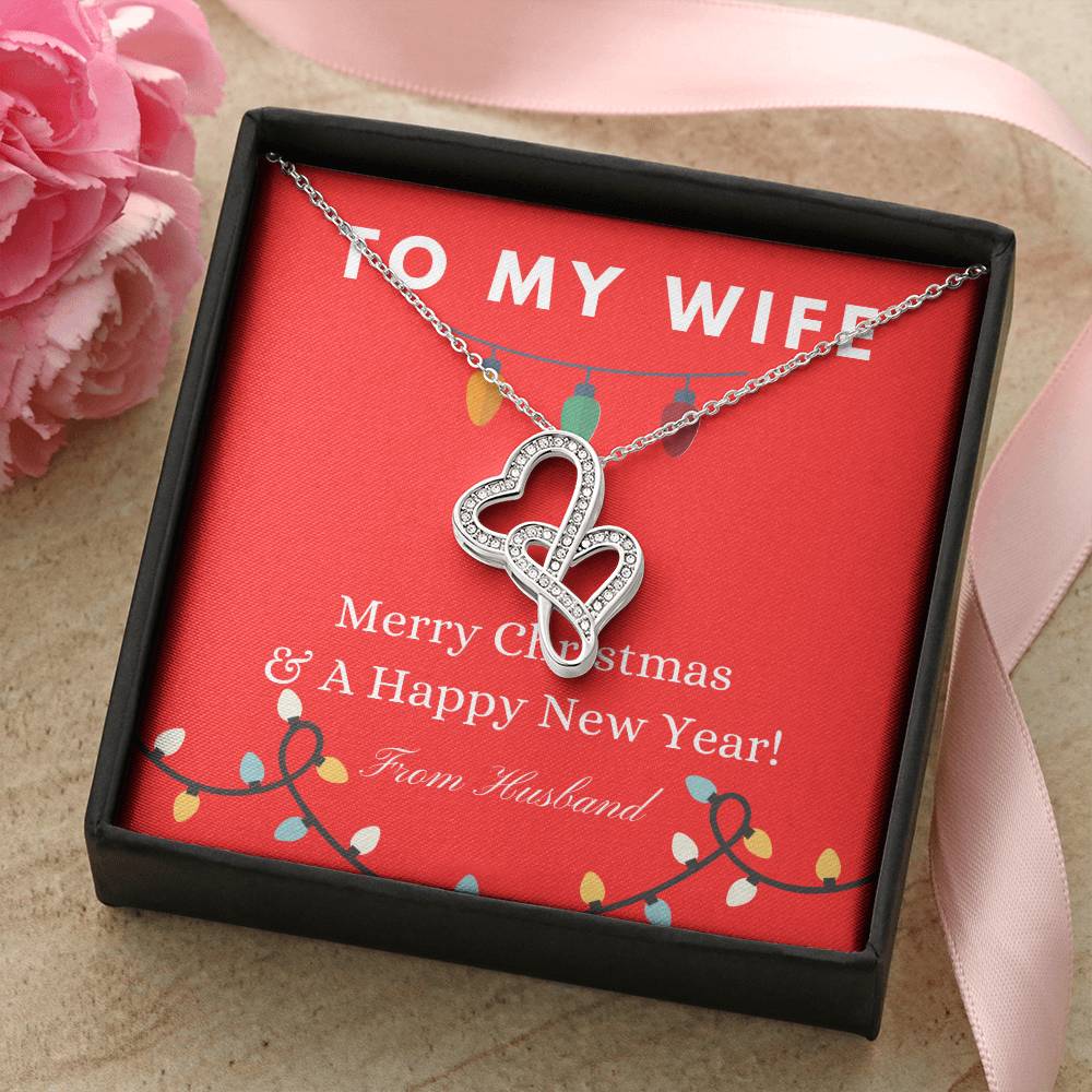To My Wife Merry Christmas & A Happy New Year To My Wife Christmas Gift  For Wife Jewelry Spouse Double Hearts Necklace
