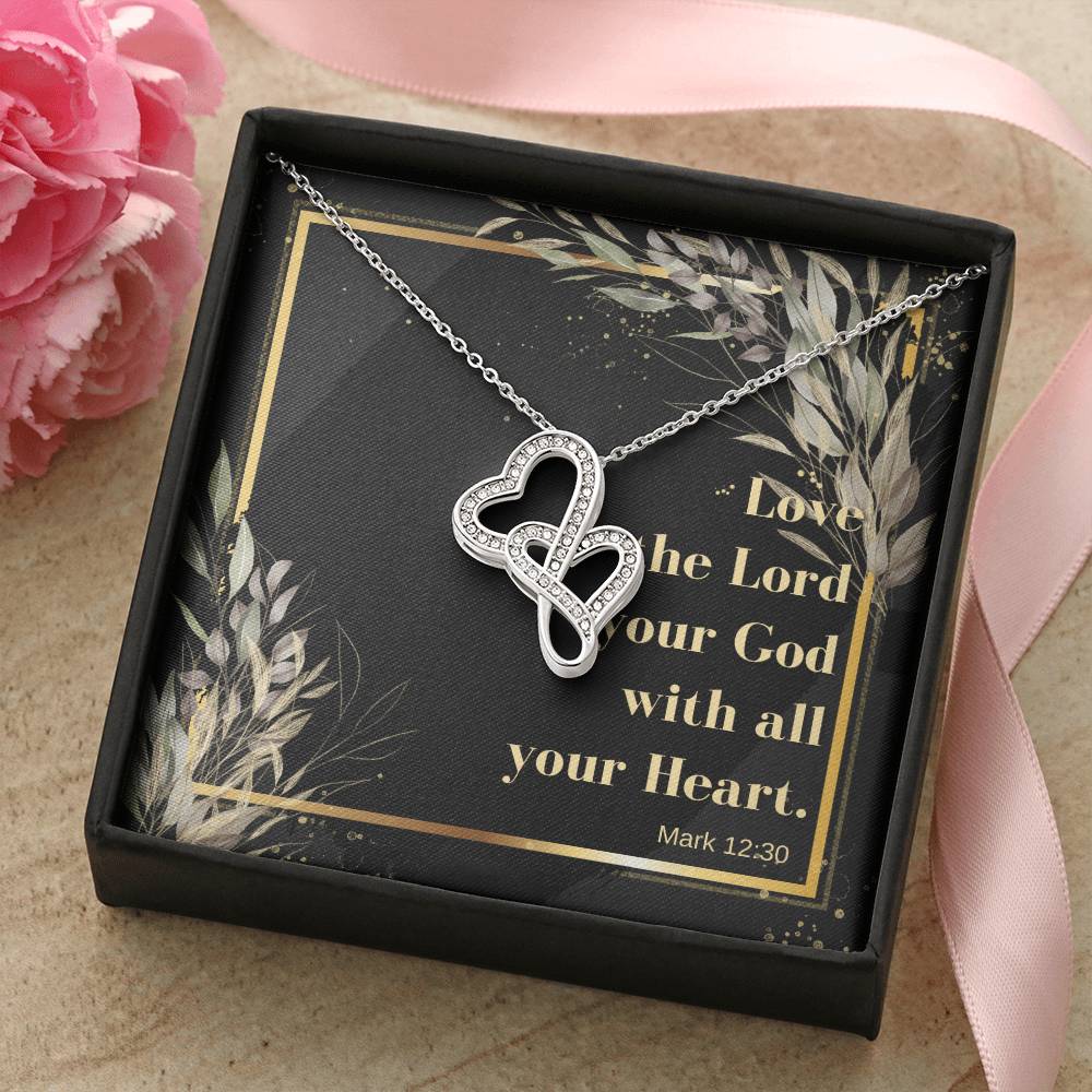 Double Heart Necklace With Bible Verse Card - Mark 1230 Double Hearts Necklace