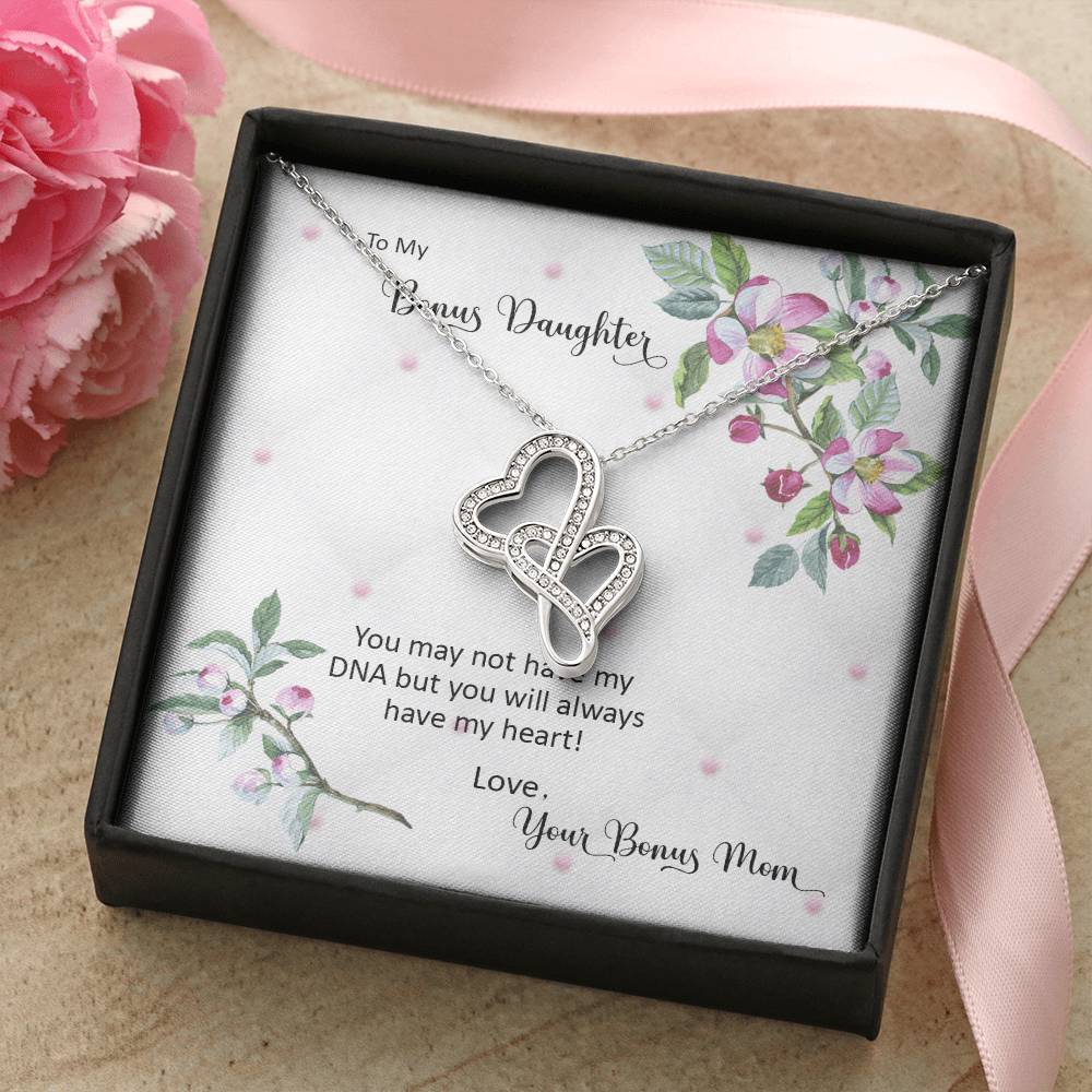 Bonus Daughter From Bonus Mom No Dna But You Have My Heart  2 Double Hearts Necklace