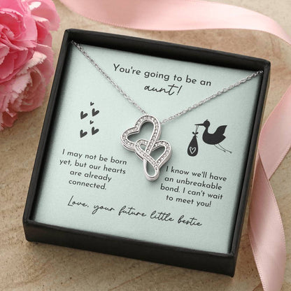 Aunt To Be Birth Announcement Double Hearts  Mint Stork Double Hearts Necklace