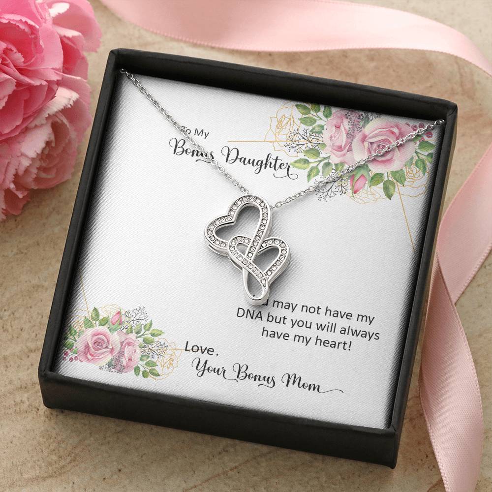 Bonus Daughter From Bonus Mom No Dna But You Have My Heart  7 Double Hearts Necklace