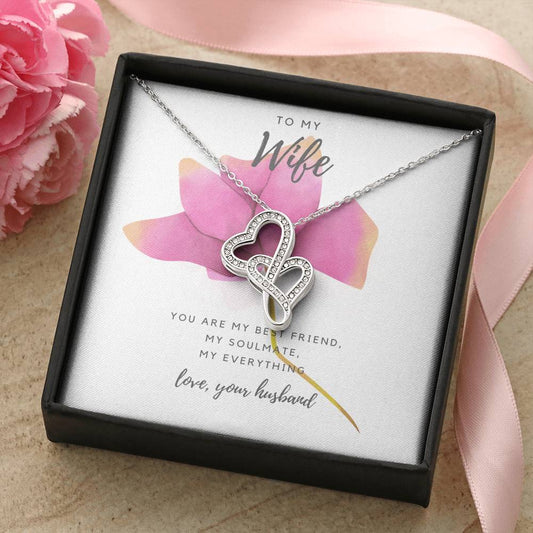 To My Wife - Pink Rose Double Hearts Necklace