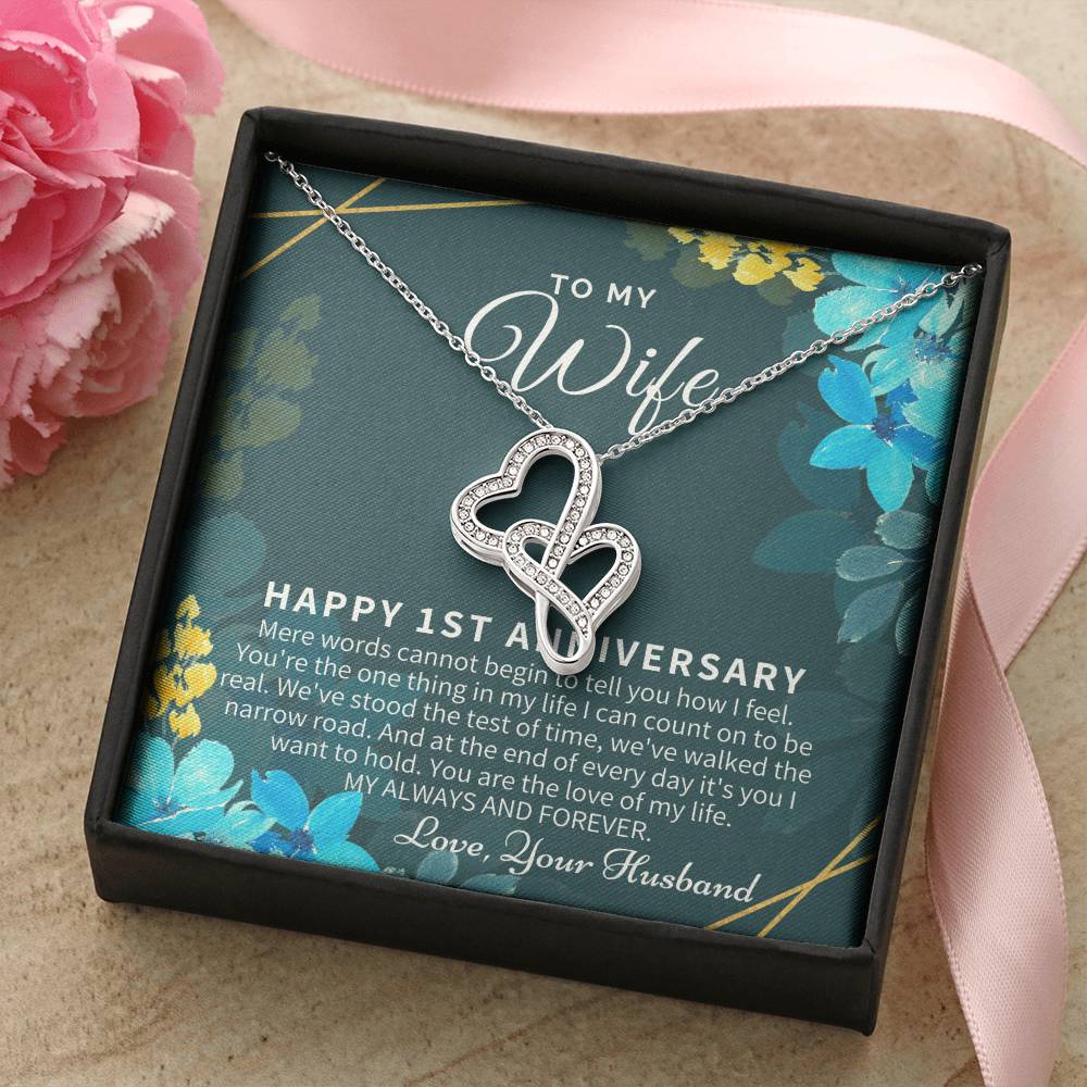 1St Anniversary Gift For Wife 1St Wedding Anniversary One Year Anniversary Gifts First Year Anniversary First Annivers Double Hearts Necklace