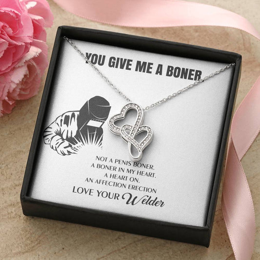 You Give Me A Heart Boner An Affection Erection  Funny & Sarcastic Love For Her Mature Gift Fo Double Hearts Necklace