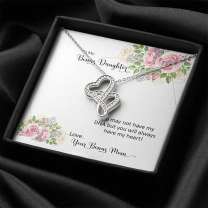 Bonus Daughter From Bonus Mom No Dna But You Have My Heart  7 Double Hearts Necklace
