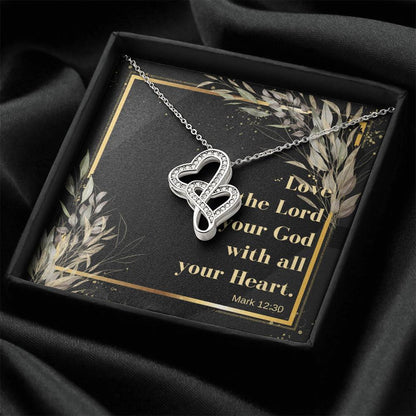 Double Heart Necklace With Bible Verse Card - Mark 1230 Double Hearts Necklace