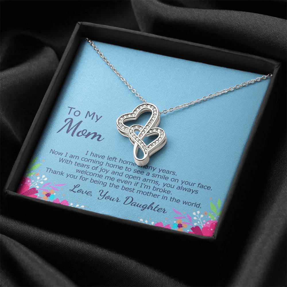 Double Heart Necklace With Coming Home To Meet Mother Card Double Hearts Necklace