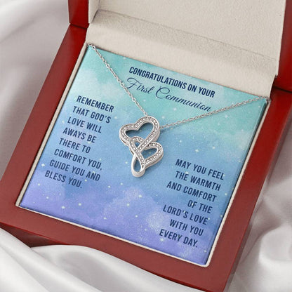 Congratulations On Your First Communion - Remember That God's Love Will Aways Be There To Comfort You Guide You And Bl Double Hearts Necklace