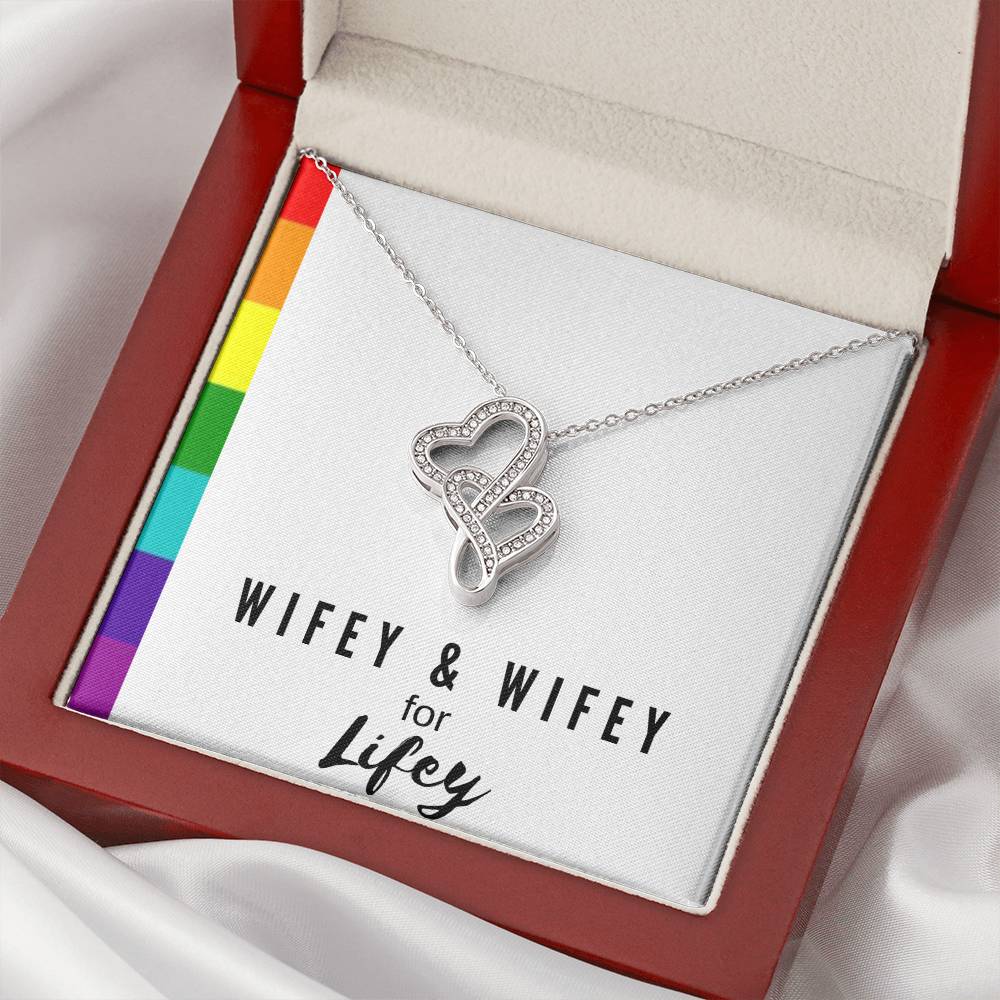 Wifey & Wifey For Lifey  14K White Gold Finish  Double Hearts Necklace