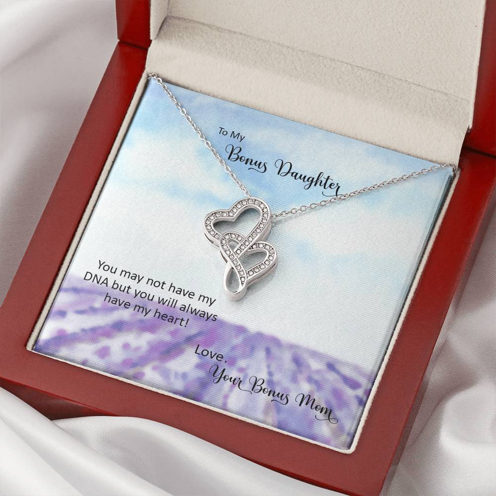 Bonus Daughter From Bonus Mom No Dna But You Have My Heart  3 Double Hearts Necklace