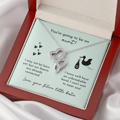 Aunt To Be Birth Announcement Double Hearts  Mint Stork Double Hearts Necklace