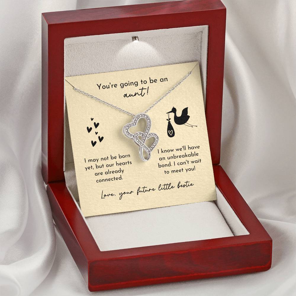 Aunt To Be Birth Announcement Double Hearts  Yellow Stork Double Hearts Necklace