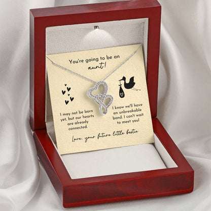 Aunt To Be Birth Announcement Double Hearts  Yellow Stork Double Hearts Necklace