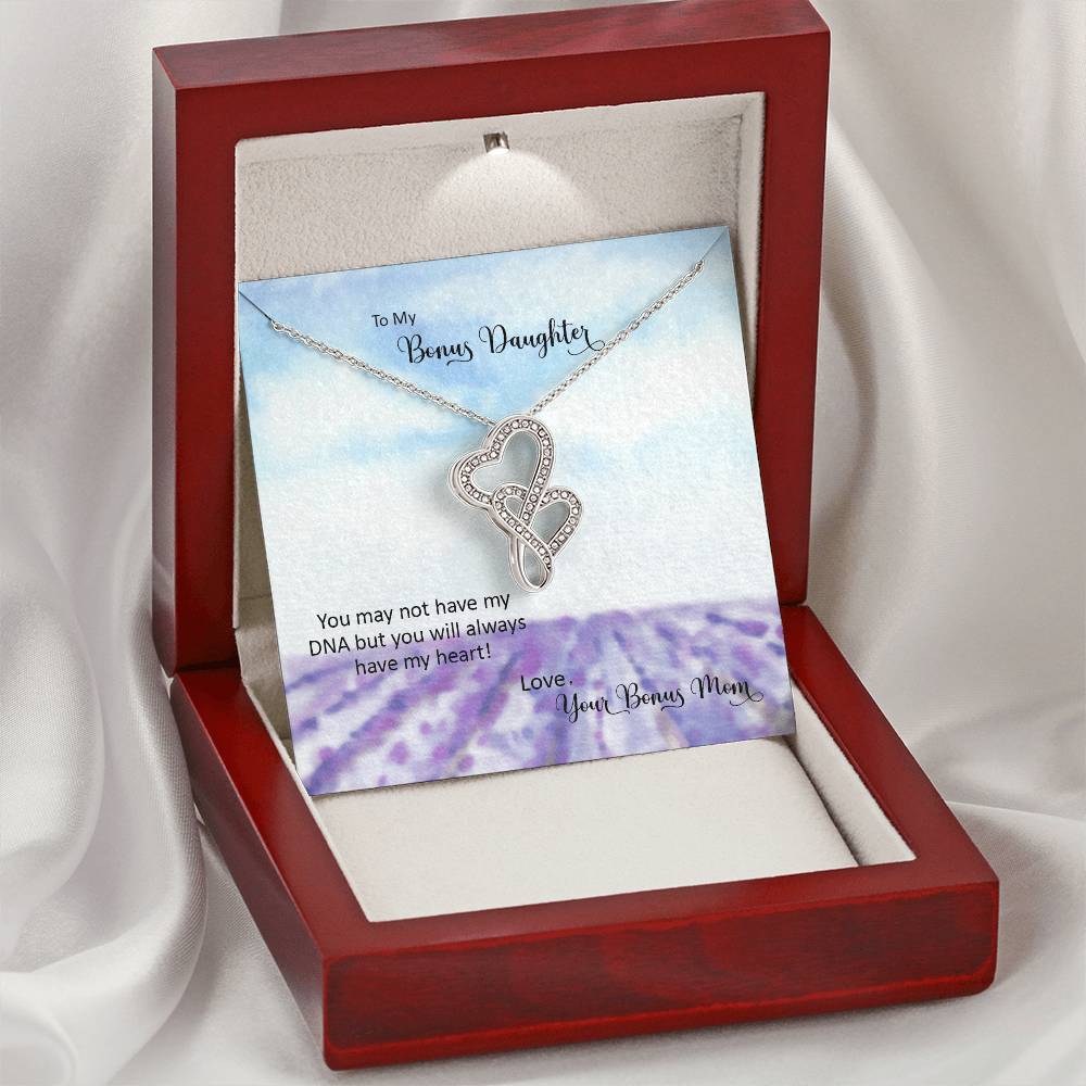 Bonus Daughter From Bonus Mom No Dna But You Have My Heart  3 Double Hearts Necklace