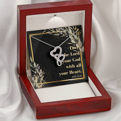 Double Heart Necklace With Bible Verse Card - Mark 1230 Double Hearts Necklace