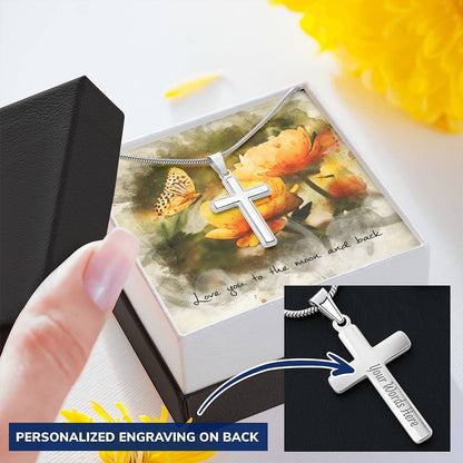 Cross Necklace - Engravable - Butterfly Message Card Customize Engraved Cross Necklace