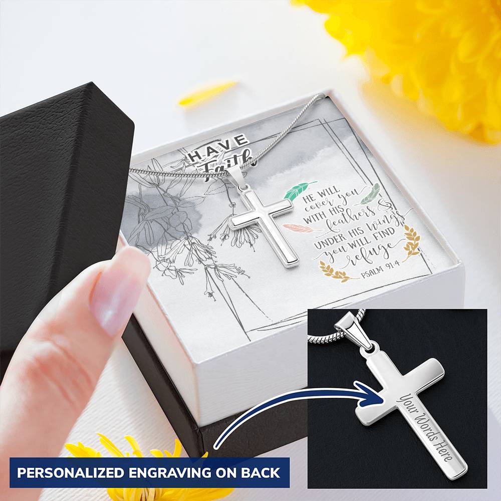 Dad To Son Gifts - He Will Cover You With His Feathers & Under His Wings You Will Find Refuge Customize Engraved Cross Necklace