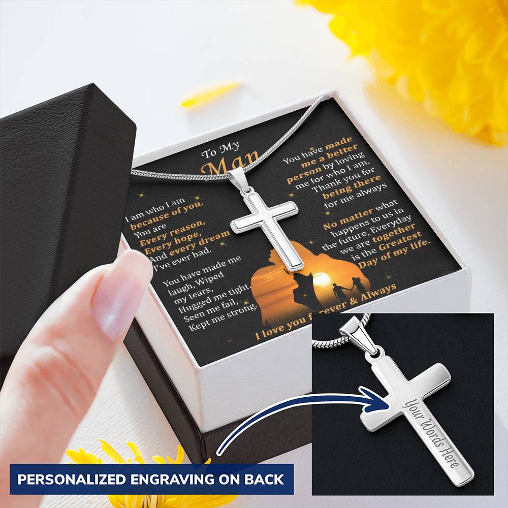 For Your Man - Hug Me Tight - Cross Customize Engraved Cross Necklace