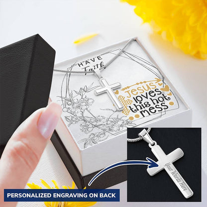Dad To Son Gifts Cross Necklace Chain Bible Verse - Jesus Loves This Hot Mess Customize Engraved Cross Necklace