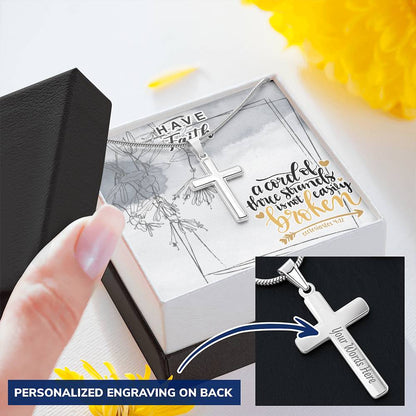 Dad To Son Gifts - A Cord Of Three Strands Is Not Easily Broken Customize Engraved Cross Necklace