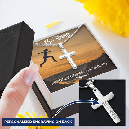 Cross Necklace Be Strong & Courageous Joshua 19 Bible Verse Customize Engraved Cross Necklace