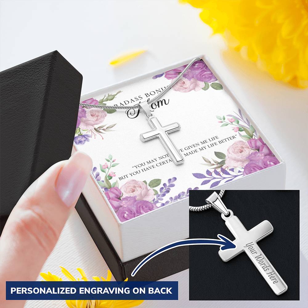 Badass Bonus Mom Necklace Customize Engraved Cross Necklace