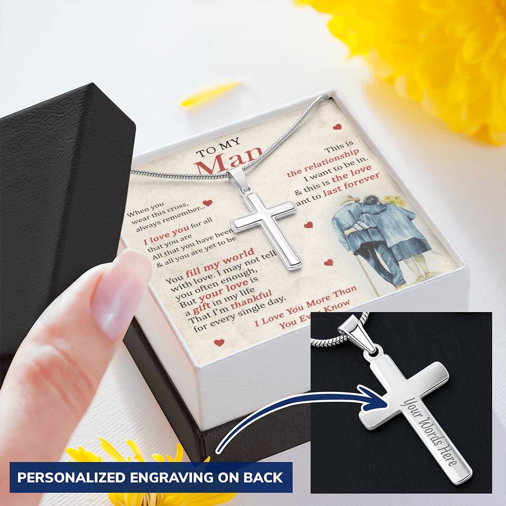 For Your Man - Fill My World - Cross Customize Engraved Cross Necklace