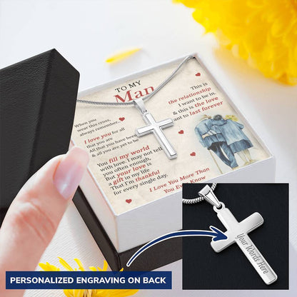 For Your Man - Fill My World - Cross Customize Engraved Cross Necklace