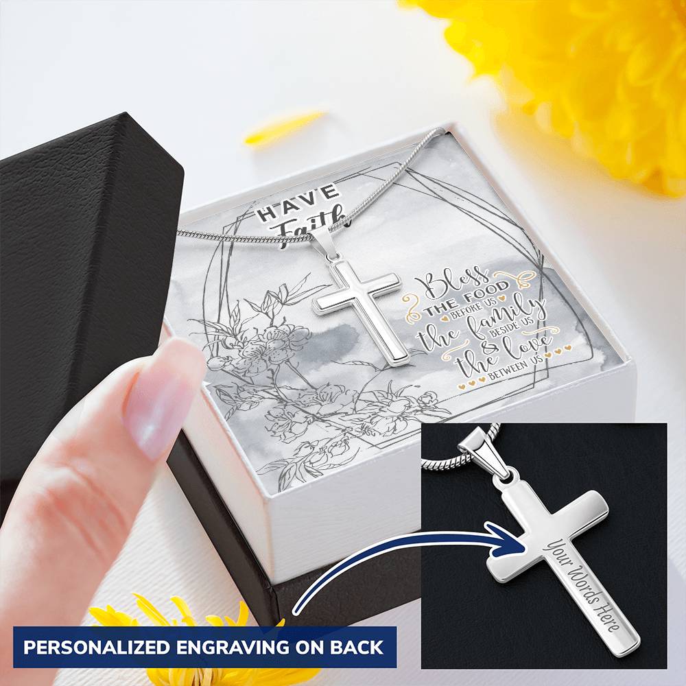 Dad To Son Gifts - Bless The Food Before Us The Family Beside Us & The Love Between Us Customize Engraved Cross Necklace