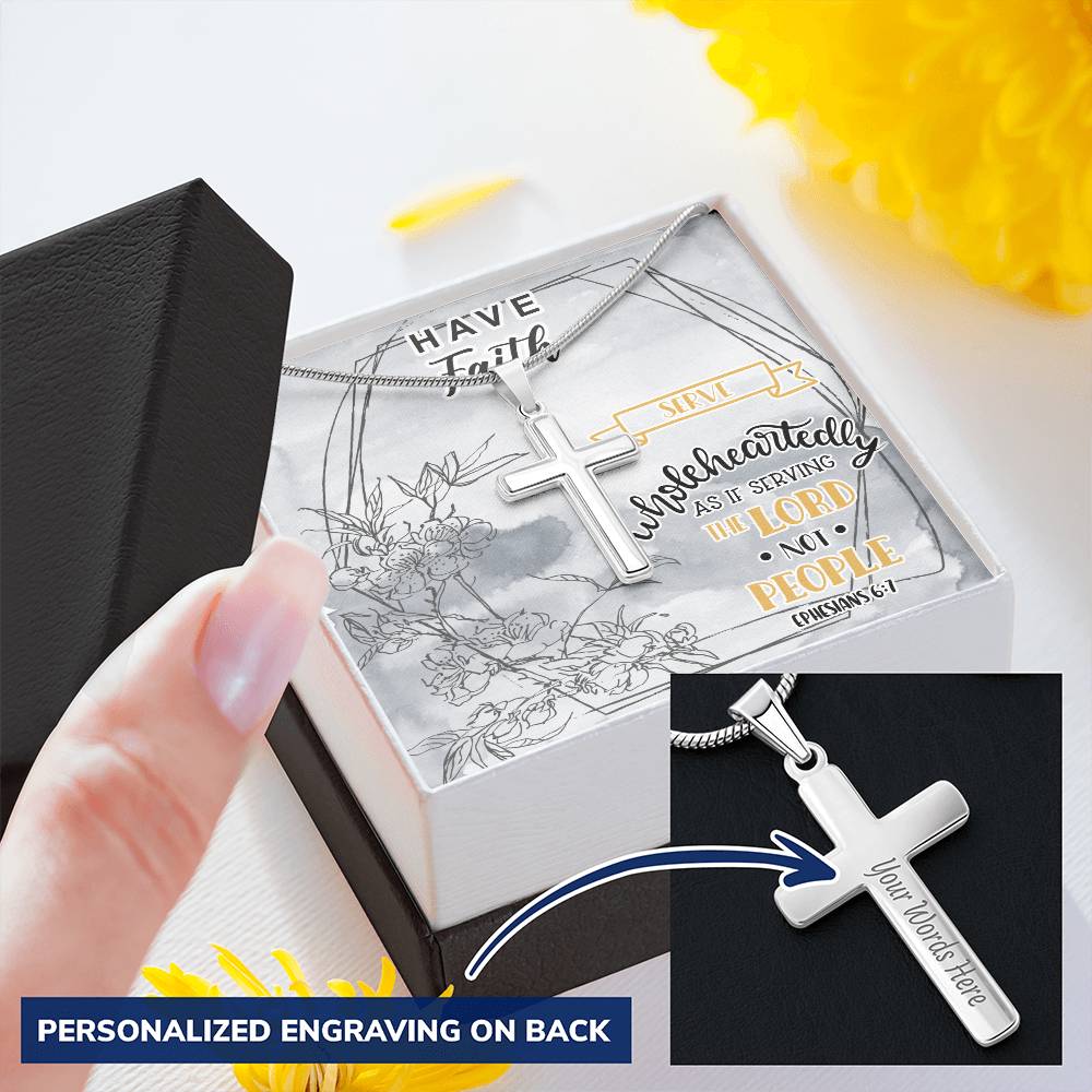 Dad To Son Gifts - Wholeheartedly As If Serving The Lord Not People Customize Engraved Cross Necklace