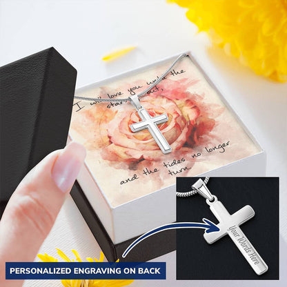 Cross Necklace - Engravable - Pink Rose Message Card Customize Engraved Cross Necklace