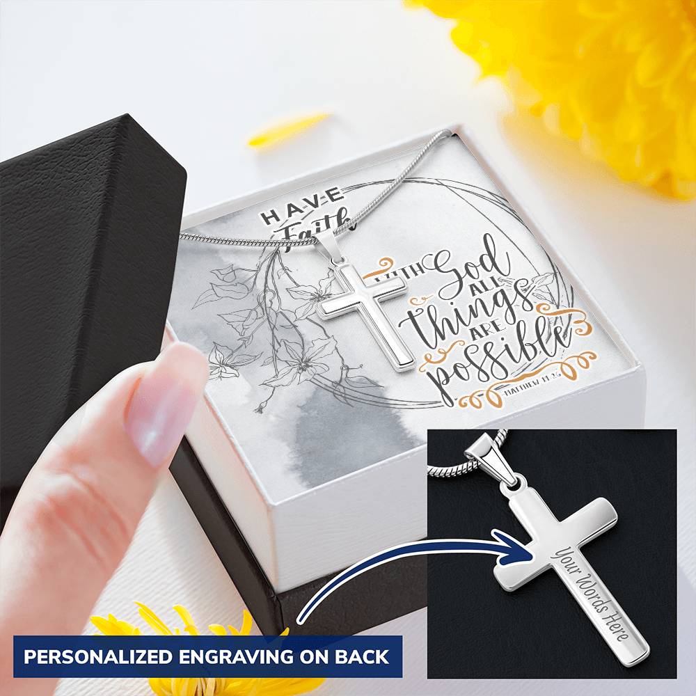 Dad To Son Gifts - With God All Things Are Possible Customize Engraved Cross Necklace