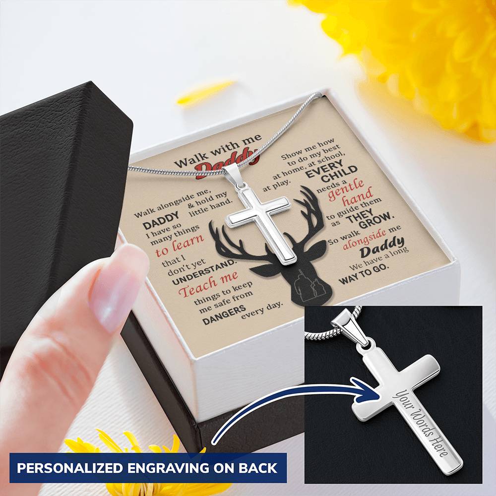 For Dad - Walk With Me - Cross Customize Engraved Cross Necklace