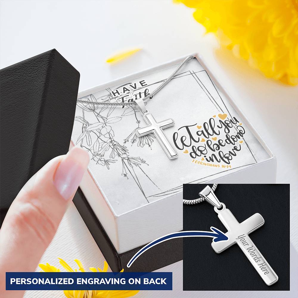 Dad To Son Gifts - Let All You Do Be Done In Love Customize Engraved Cross Necklace
