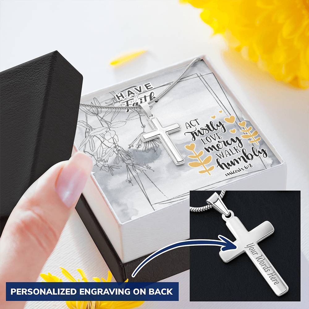 Dad To Son Gifts - Act Justly Love Mercy Walk Humbly Customize Engraved Cross Necklace
