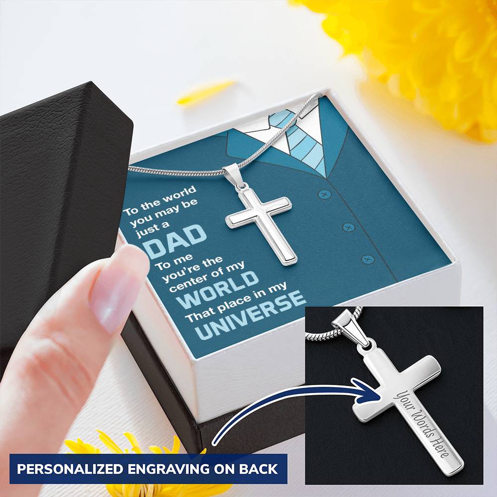 Dad - You're The Center Of My World - Customize Cross Necklace Customize Engraved Cross Necklace