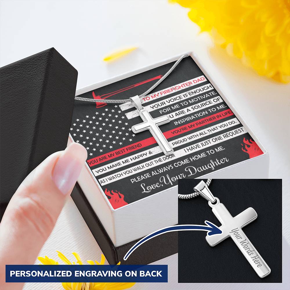 Firefighter Dad Gift- Father's Day Gift For Firefighter- Firefighter Dad Cross Necklace Customize Engraved Cross Necklace
