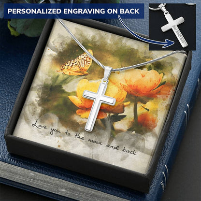 Cross Necklace - Engravable - Butterfly Message Card Customize Engraved Cross Necklace