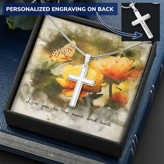 Cross Necklace - Engravable - Butterfly Message Card Customize Engraved Cross Necklace