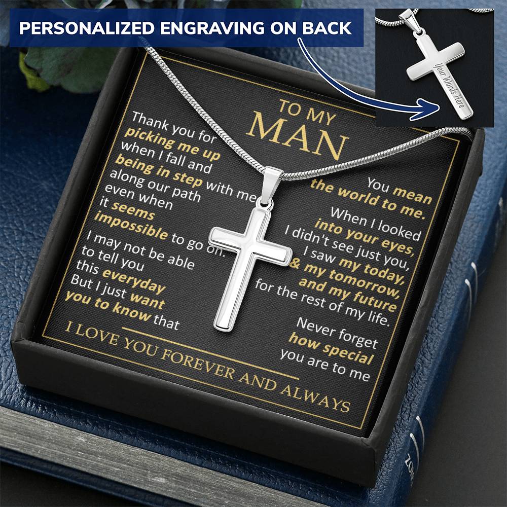 For Your Man - Step With Me - Cross Customize Engraved Cross Necklace