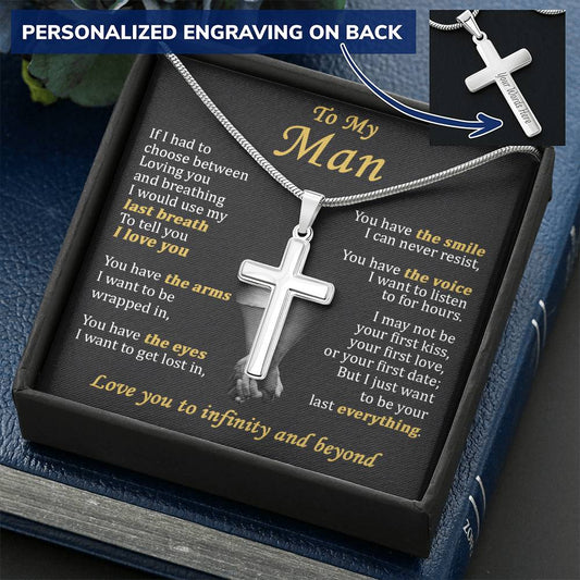 For Your Man - Wrapped In Your Arms - Cross Customize Engraved Cross Necklace